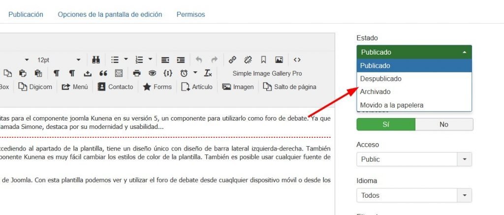 Archivar artículos Joomla a la papelera 2 Archivar y mover artículos Joomla