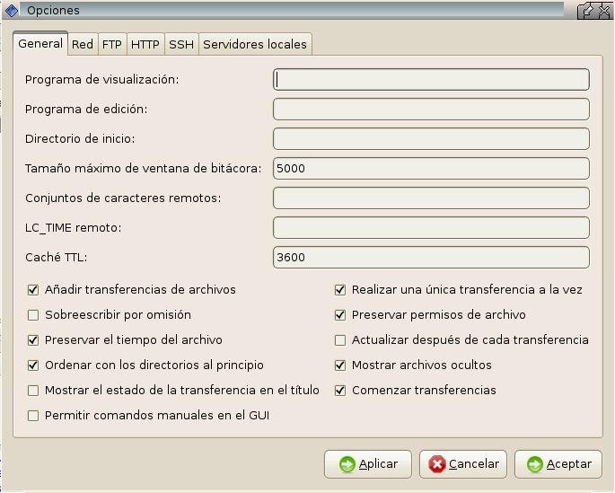 Pantalla de Opciones gFTP