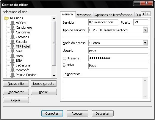 Administración de sitios Filezilla