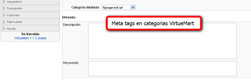 Meta tags categorias Meta tags categorias virtuemart