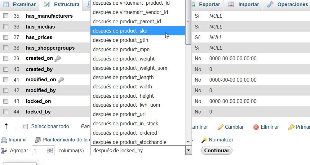 Añadir nuevos campos en productos Virtuemart 2 Añadir columna