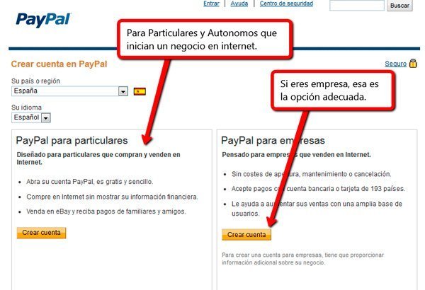 Opción cuentas Paypal