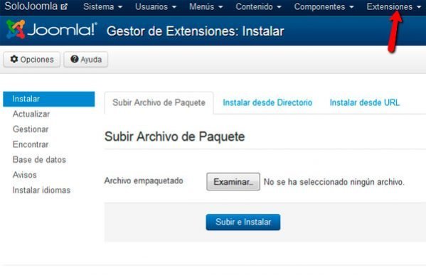 Instalar extensiones Joomla