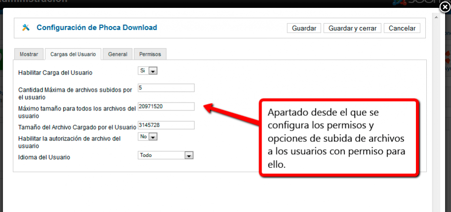 Opciones de usuarios y permisos en Phoca Download