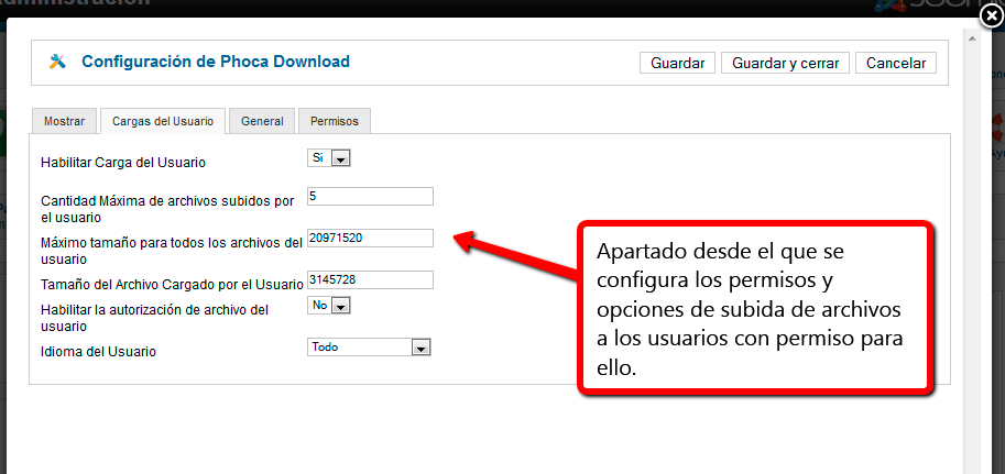 Opciones de usuarios y permisos en Phoca Download Opciones de usuarios y permisos en Phoca Download