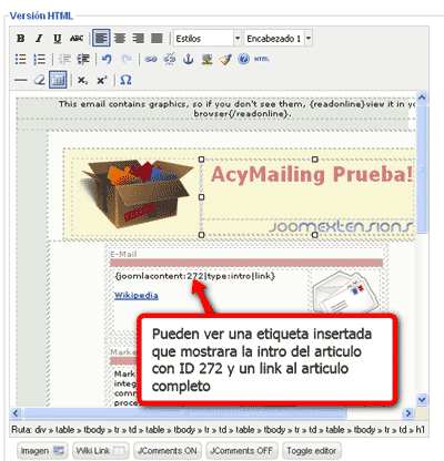 Tutorial boletines Joomla - Creación y envío 3 Etiqueta Acymailing Starter