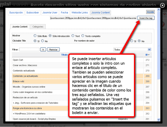 Tutorial boletines Joomla - Creación y envío 2 Insertar articulos joomla en boletines