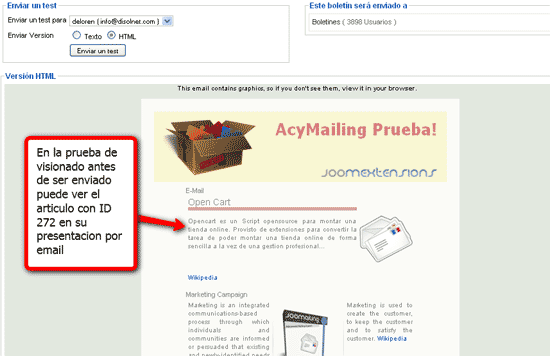 Tutorial boletines Joomla - Creación y envío 4 Prueba visionado boletin