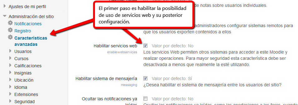 Habilitar servicios web Habilitar servicios web en Moodle