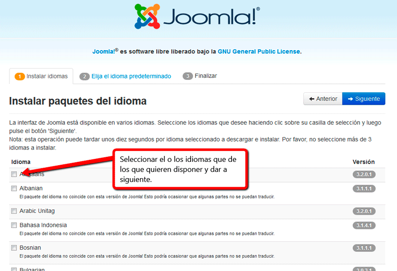 Selección idiomas en instalación joomla