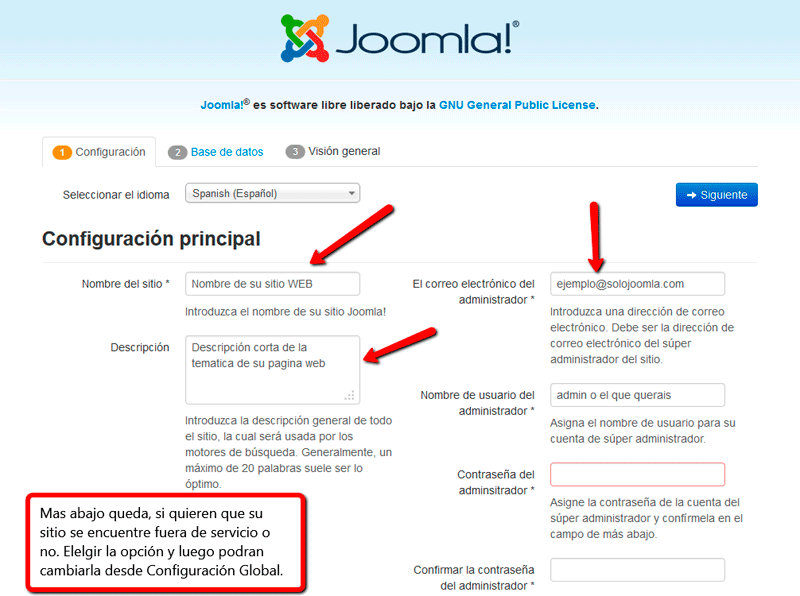 Pantalla primera de la instalación joomla