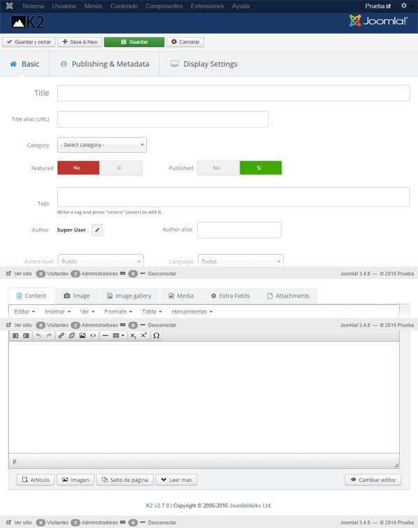 Componente Joomla k2 2 Editor joomla k2 2.7