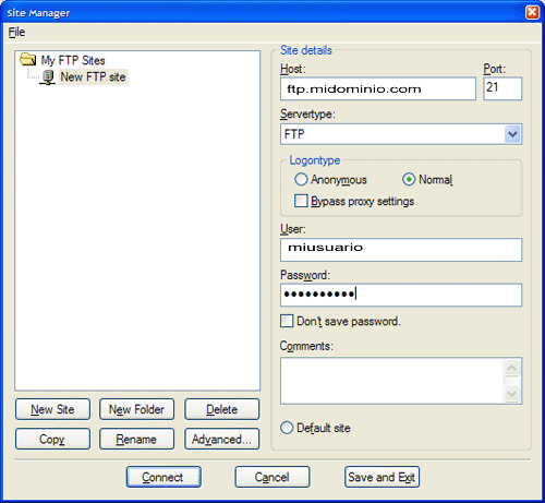 Panel de conexión filezilla